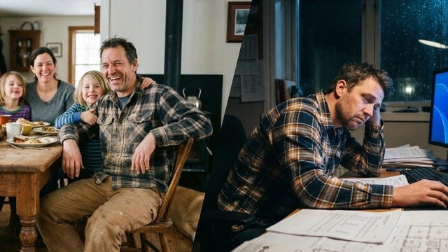 Vergleich: Handwerker lacht mit seiner Familie am Esstisch — daneben derselbe Handwerker erschöpft am Schreibtisch mit Akten und Computer